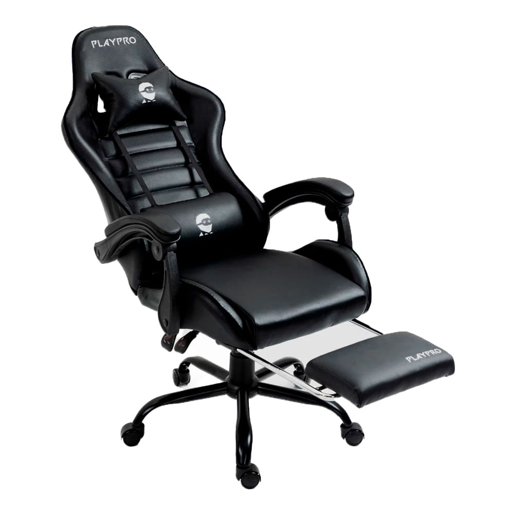 Silla gamer Playpro X1 con masaje lumbar, reclinación 155°, posapiés, base de metal, altura ajustable, negro